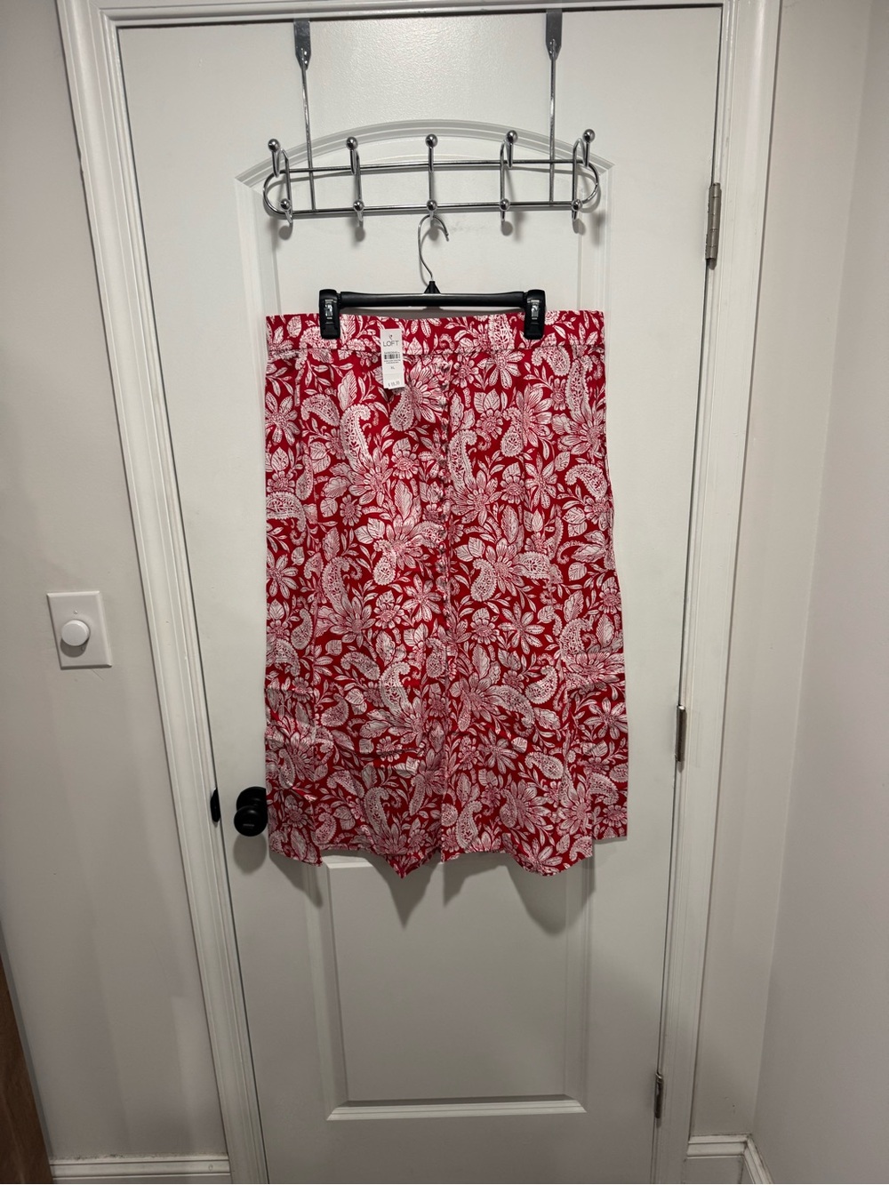 LOFT Red Floral Print Midi Skirt